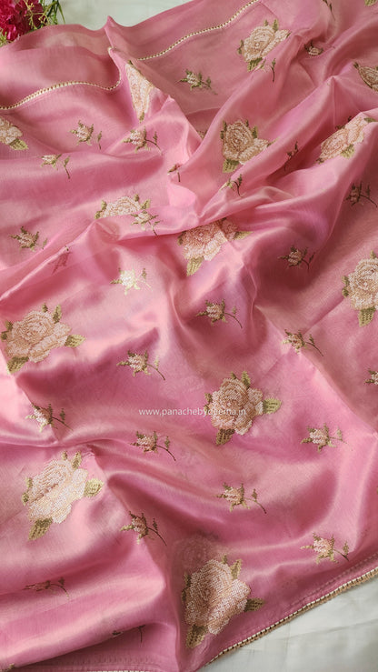 Linen tissue saree with cross stitch embroidery and lace edges | Pink | LCR1