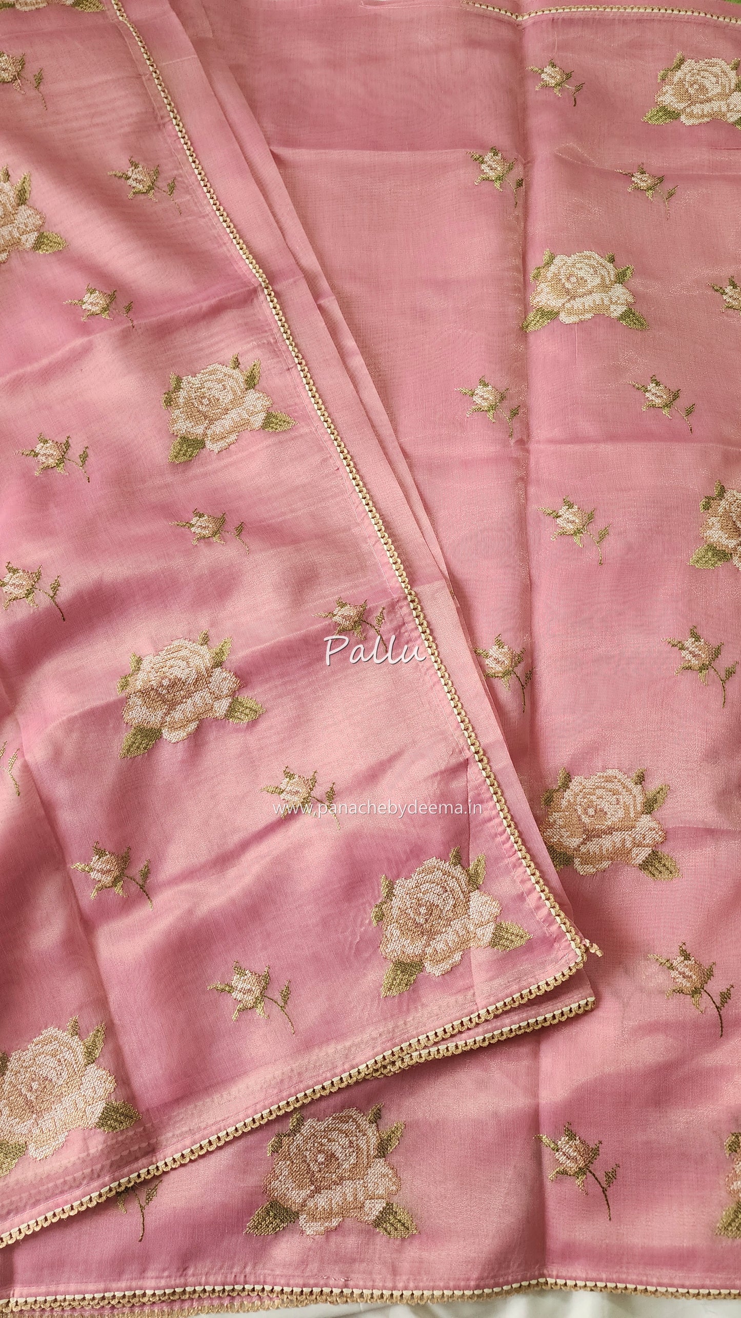 Linen tissue saree with cross stitch embroidery and lace edges | Pink | LCR1