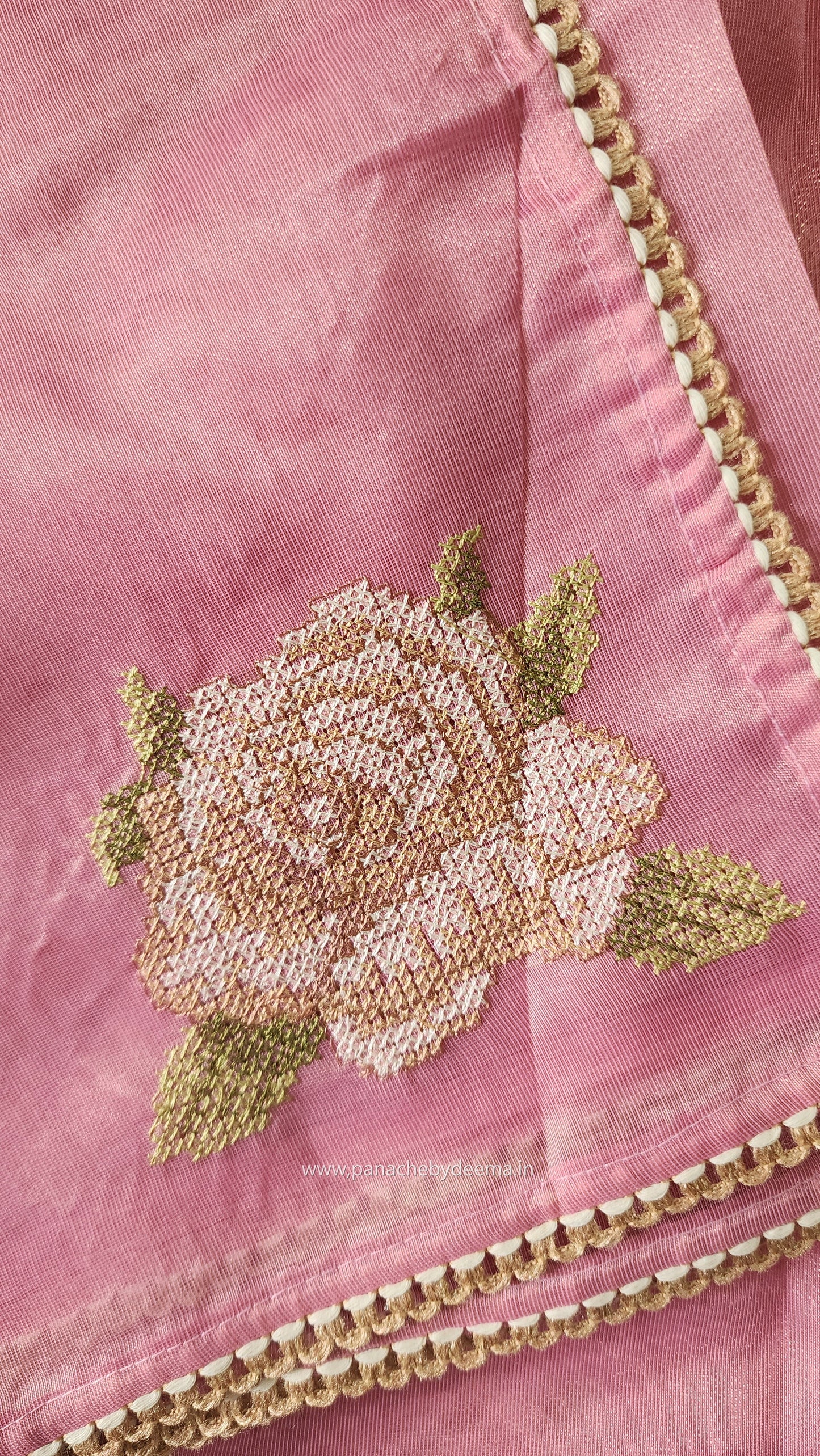 Linen tissue saree with cross stitch embroidery and lace edges | Pink | LCR1