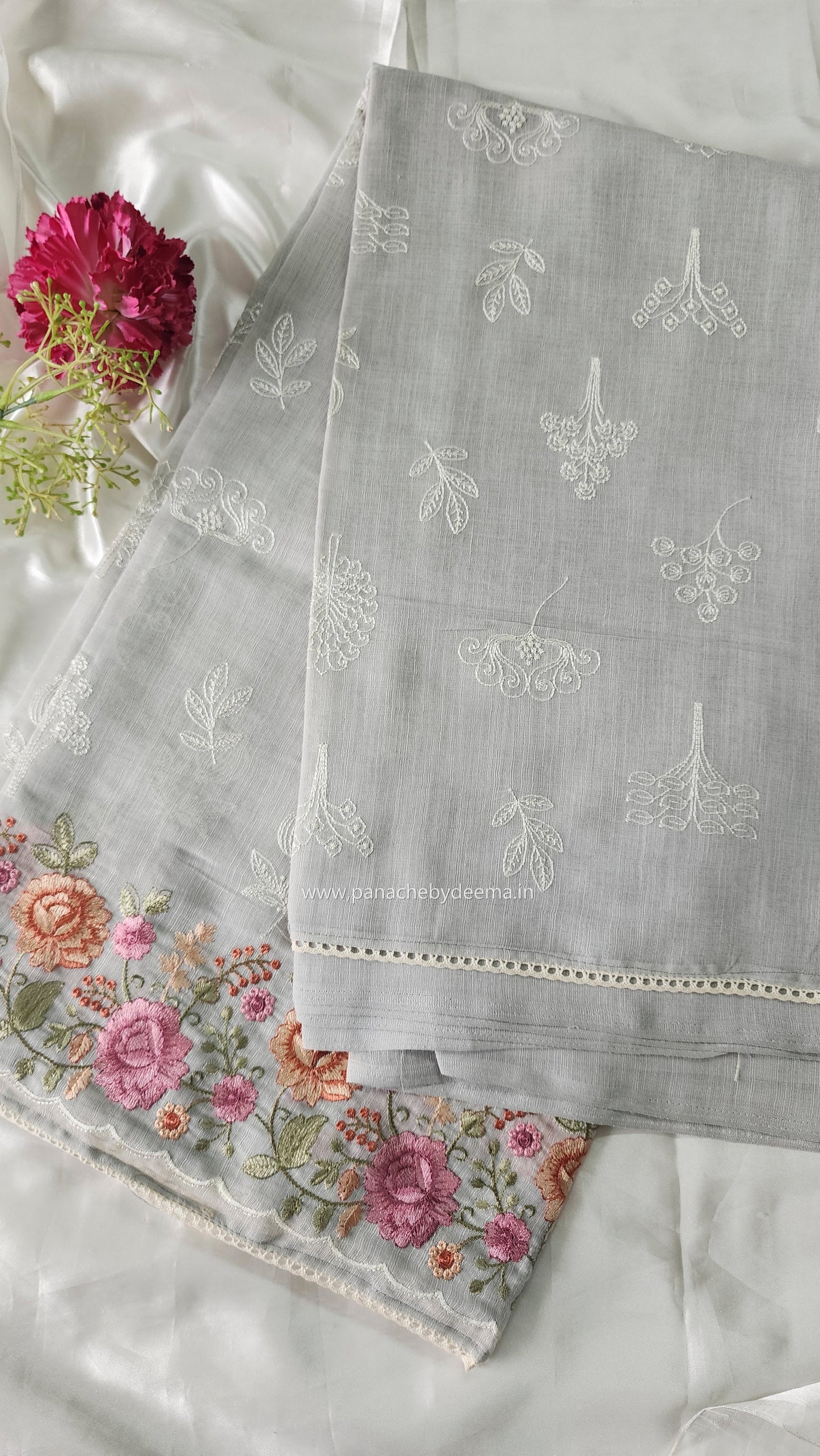 Linen saree with embroidery and lace edges | Powder blue| LK7