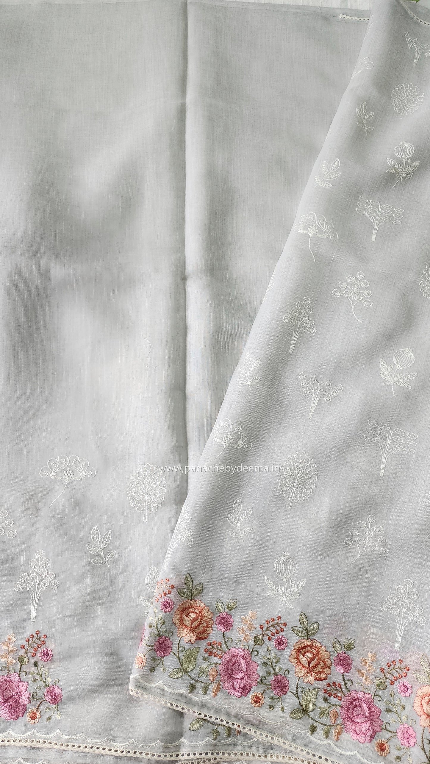 Linen saree with embroidery and lace edges | Powder blue| LK7