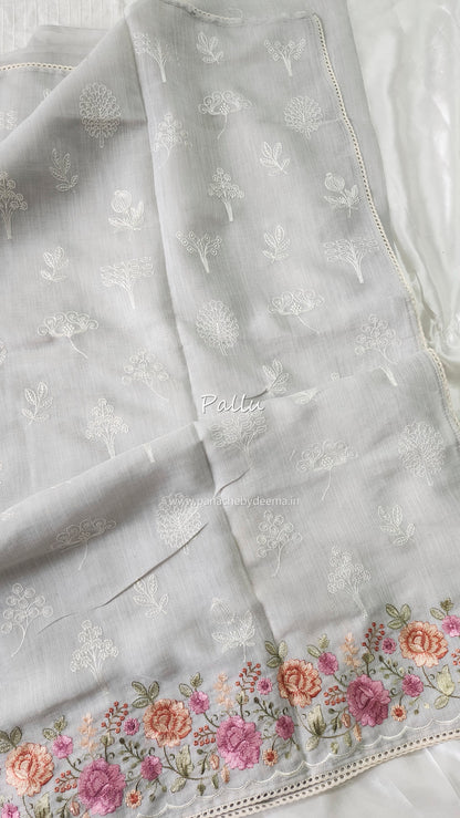 Linen saree with embroidery and lace edges | Powder blue| LK7