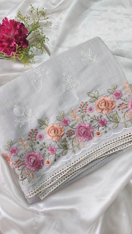 Linen saree with embroidery and lace edges | Powder blue| LK7