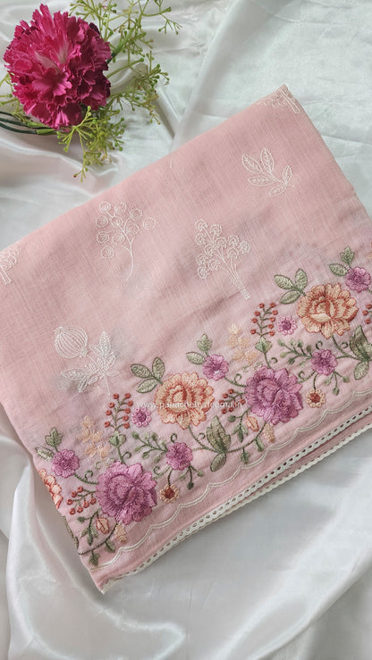 Linen saree with embroidery and lace edges | Peach | LK5