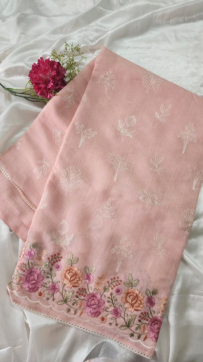 Linen saree with embroidery and lace edges | Peach | LK5