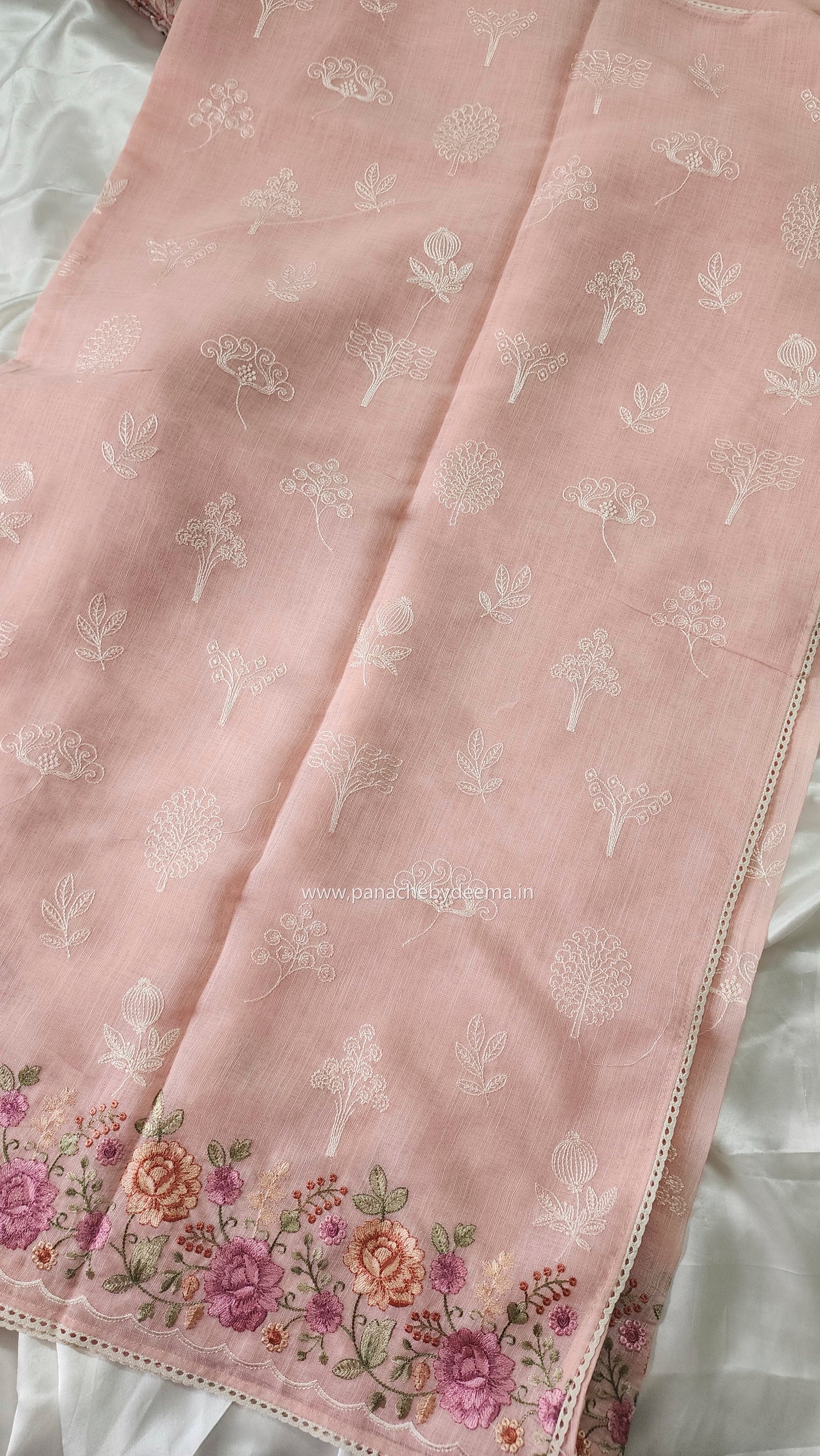 Linen saree with embroidery and lace edges | Peach | LK5