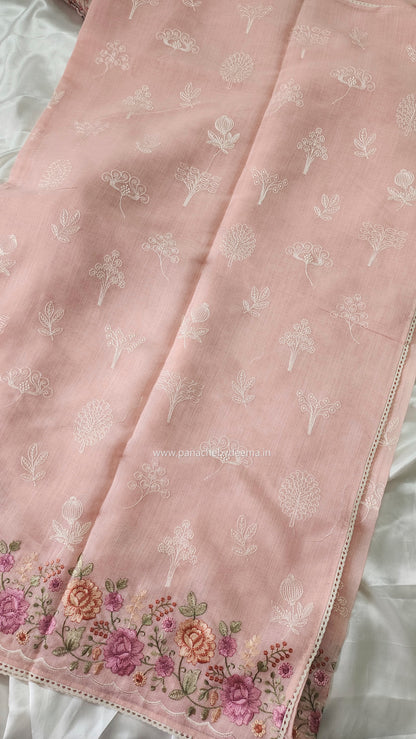 Linen saree with embroidery and lace edges | Peach | LK5