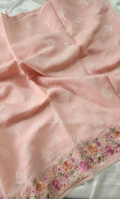 Linen saree with embroidery and lace edges | Peach | LK5