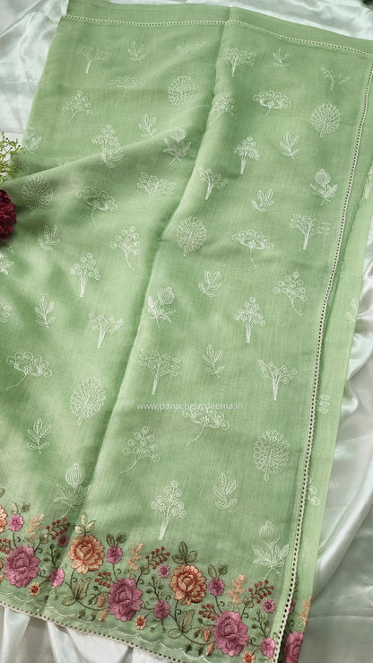 Linen saree with embroidery and lace edges | Green | LK6