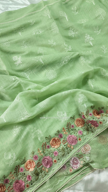 Linen saree with embroidery and lace edges | Green | LK6