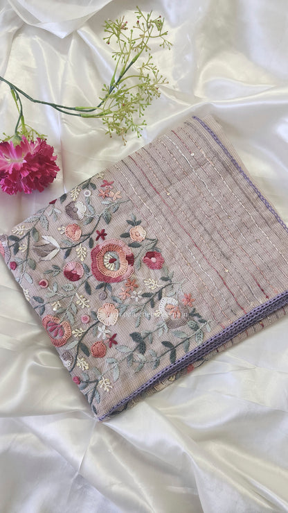 Linen kota saree with hand embroidery and lace edges | Violet | LK3