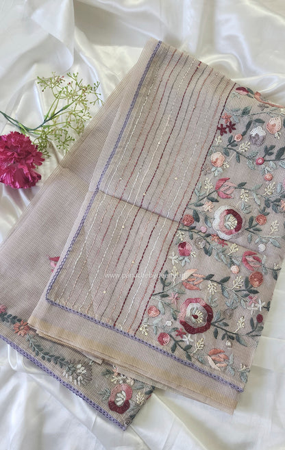 Linen kota saree with hand embroidery and lace edges | Violet | LK3
