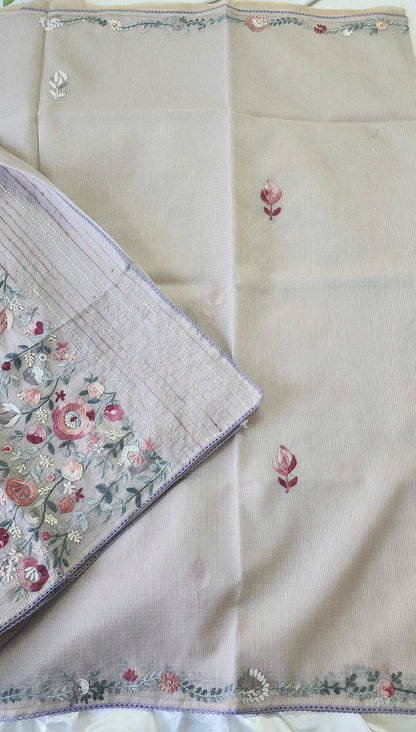 Linen kota saree with hand embroidery and lace edges | Violet | LK3