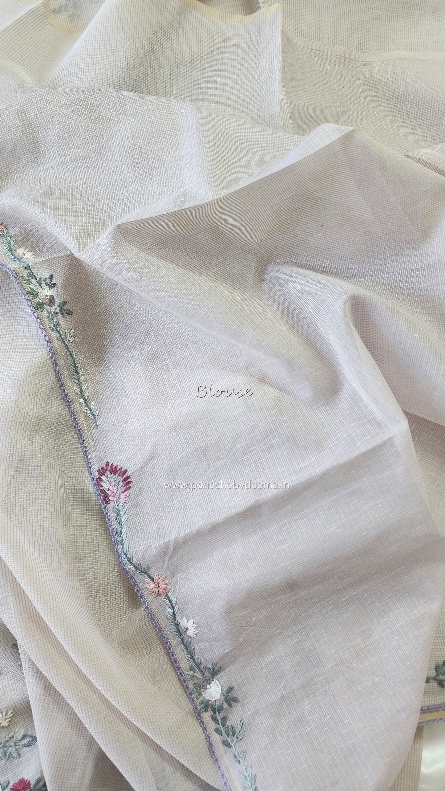 Linen kota saree with hand embroidery and lace edges | Violet | LK3