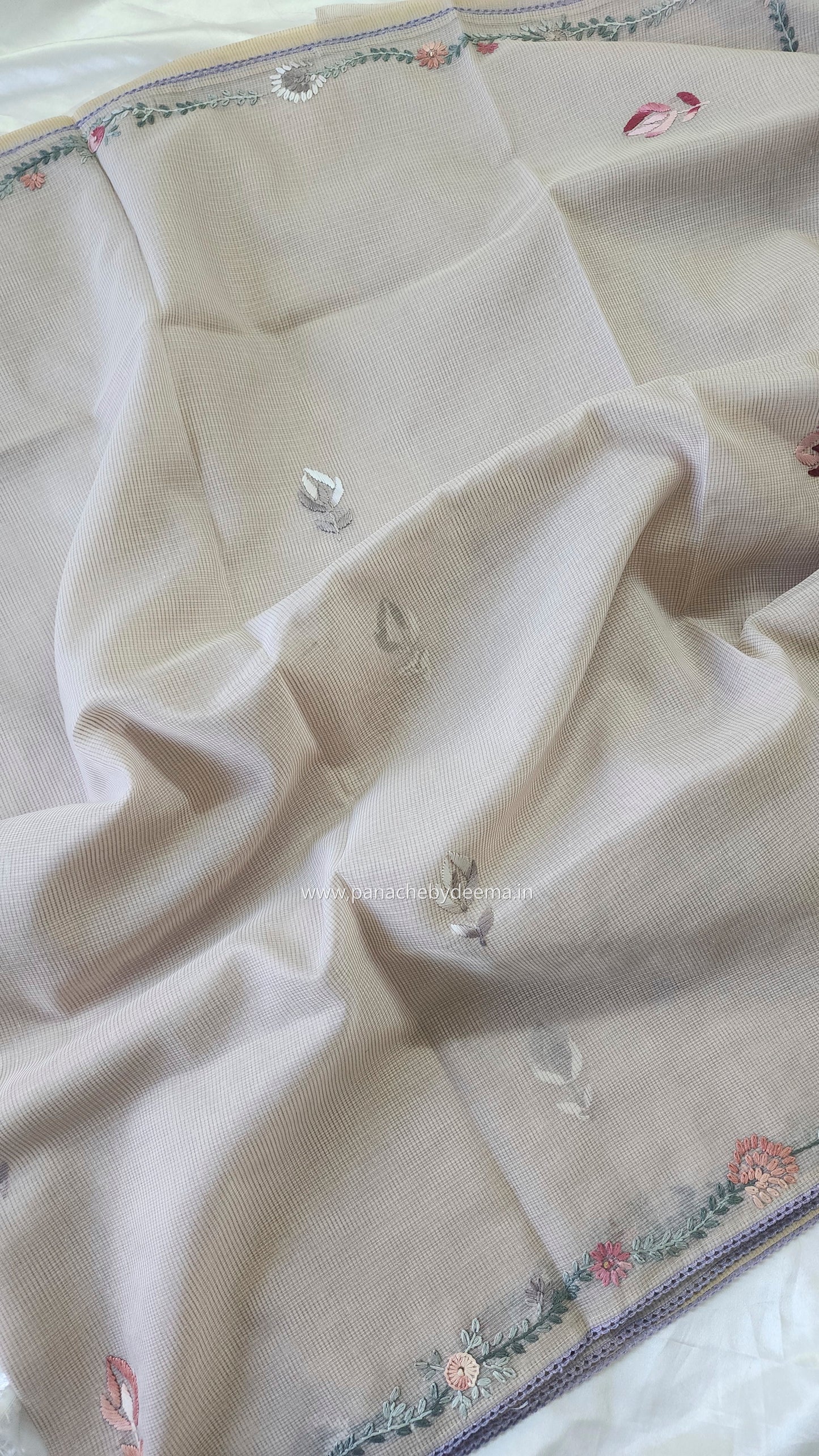 Linen kota saree with hand embroidery and lace edges | Violet | LK3