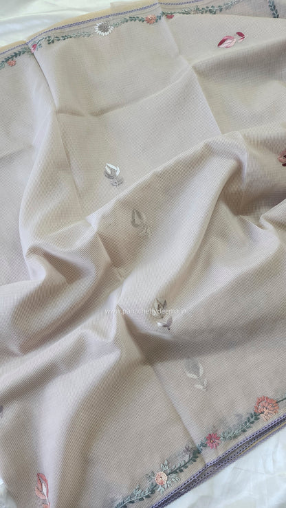 Linen kota saree with hand embroidery and lace edges | Violet | LK3