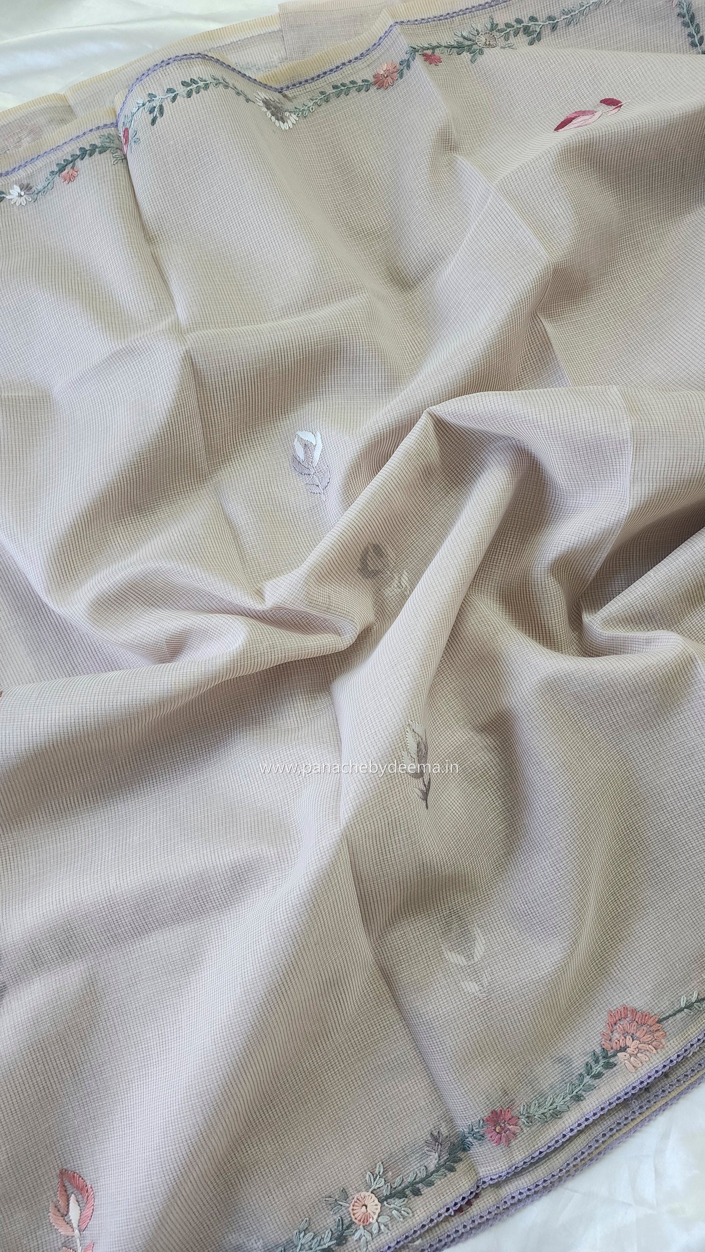 Linen kota saree with hand embroidery and lace edges | Violet | LK3