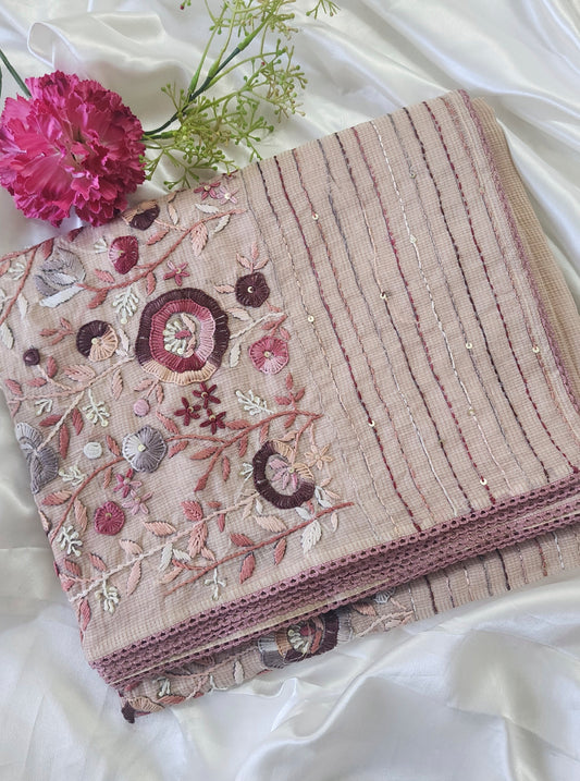 Linen kota saree with hand embroidery and lace edges | Mauve pink | LK2
