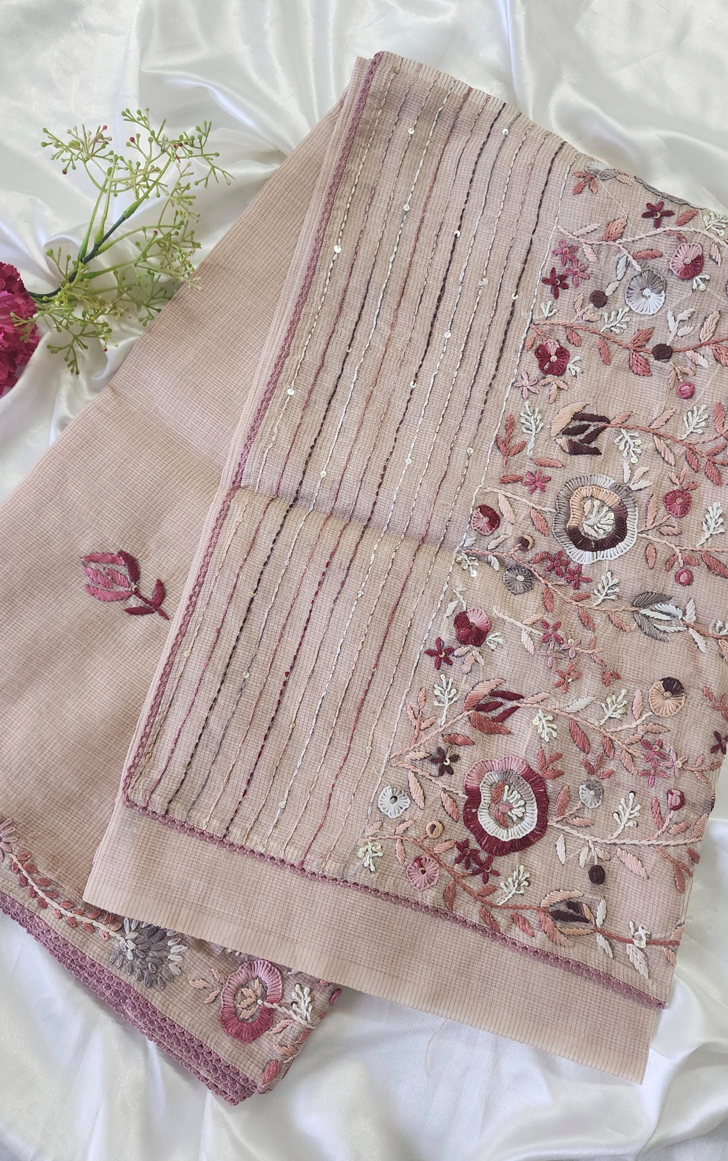 Linen kota saree with hand embroidery and lace edges | Mauve pink | LK2