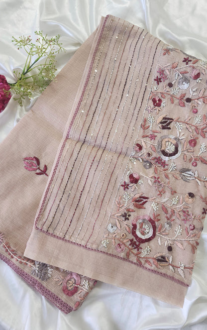 Linen kota saree with hand embroidery and lace edges | Mauve pink | LK2