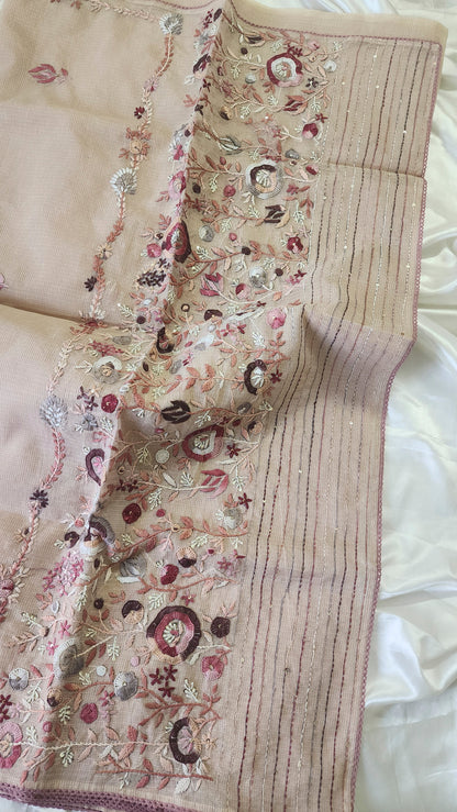 Linen kota saree with hand embroidery and lace edges | Mauve pink | LK2