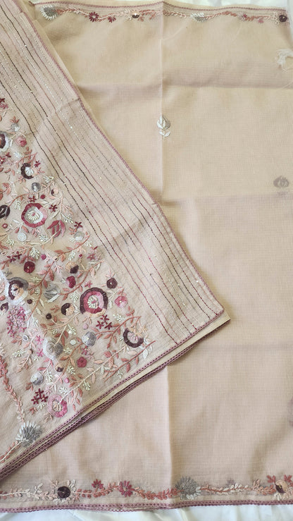 Linen kota saree with hand embroidery and lace edges | Mauve pink | LK2