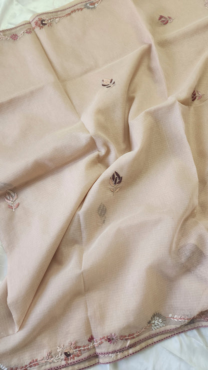 Linen kota saree with hand embroidery and lace edges | Mauve pink | LK2