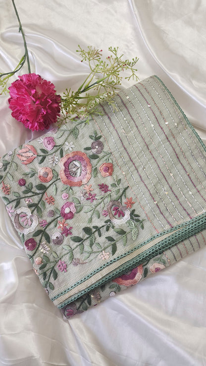 Linen kota saree with hand embroidery and lace edges | Green | LK4