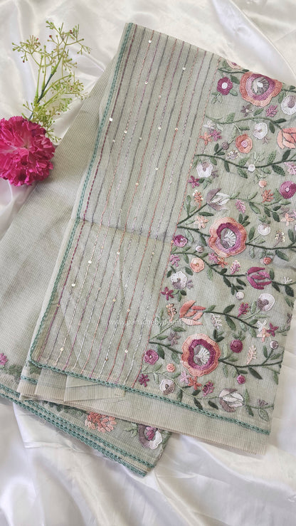 Linen kota saree with hand embroidery and lace edges | Green | LK4