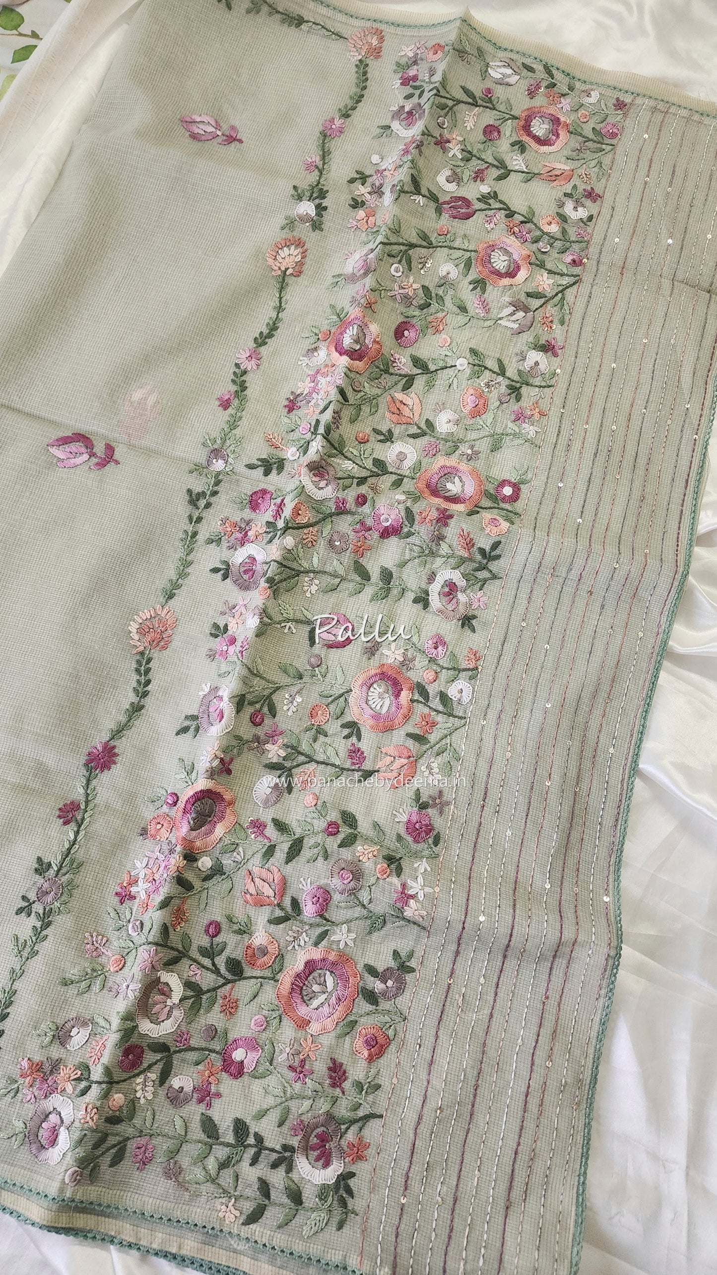 Linen kota saree with hand embroidery and lace edges | Green | LK4