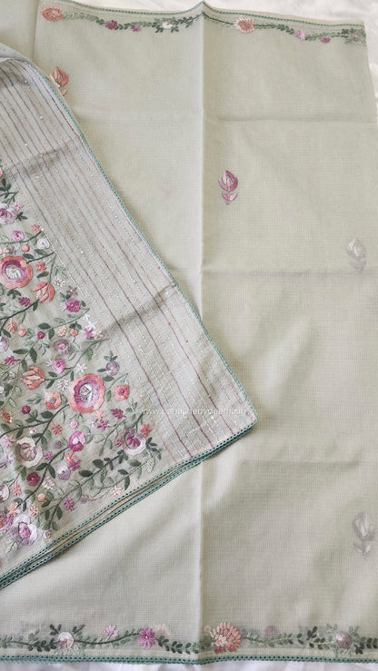 Linen kota saree with hand embroidery and lace edges | Green | LK4