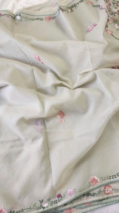 Linen kota saree with hand embroidery and lace edges | Green | LK4