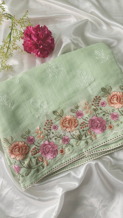 Linen saree with embroidery and lace edges | Green | LK6