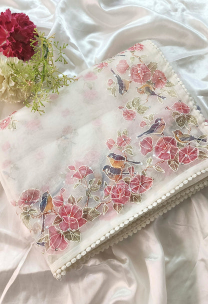 Organza saree with digital print kantha embroidery and lace edges | Offwhite| ODG1