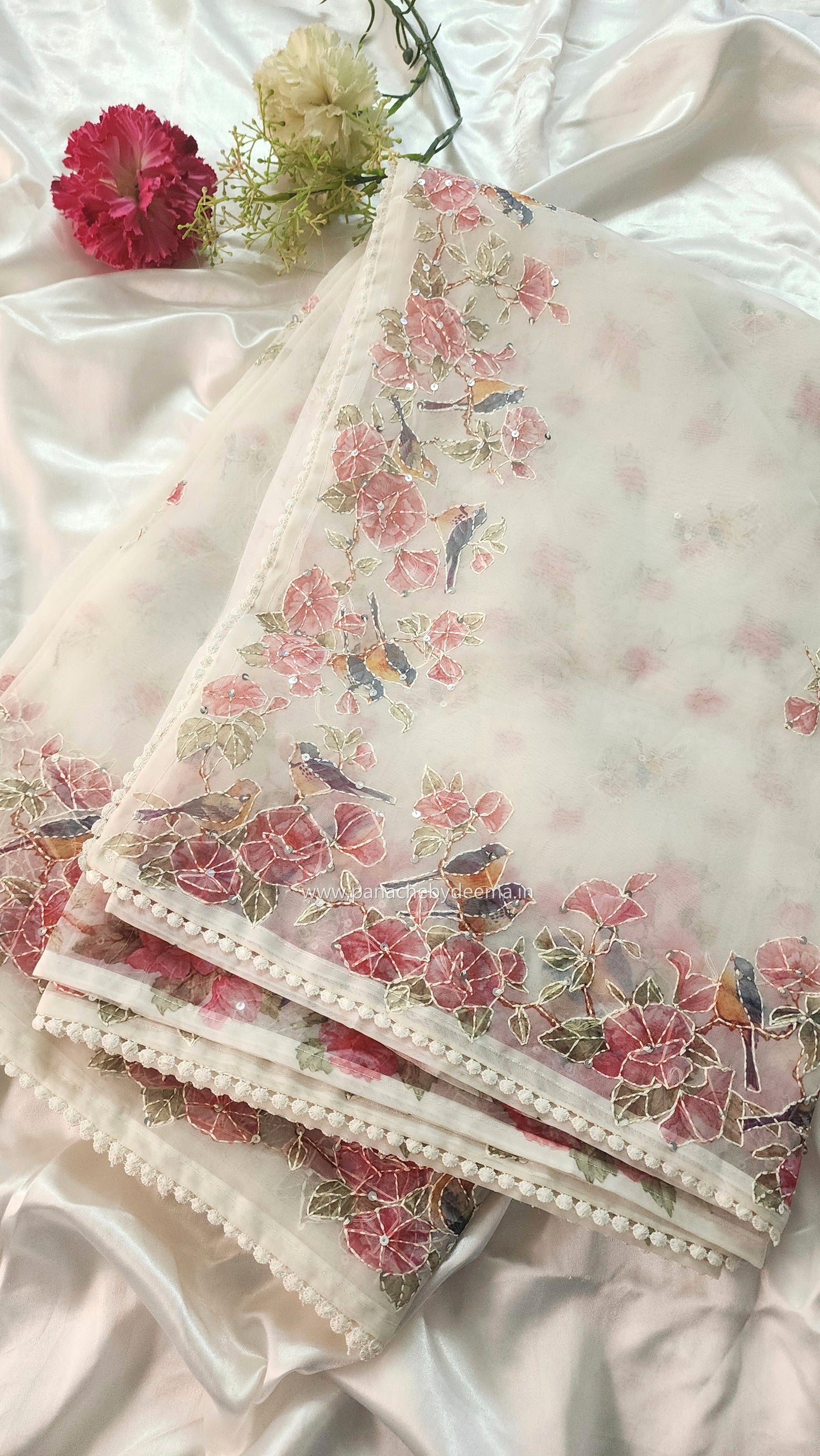 Organza saree with digital print kantha embroidery and lace edges | Offwhite| ODG1