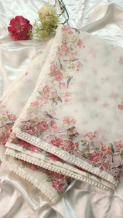 Organza saree with digital print kantha embroidery and lace edges | Offwhite| ODG1