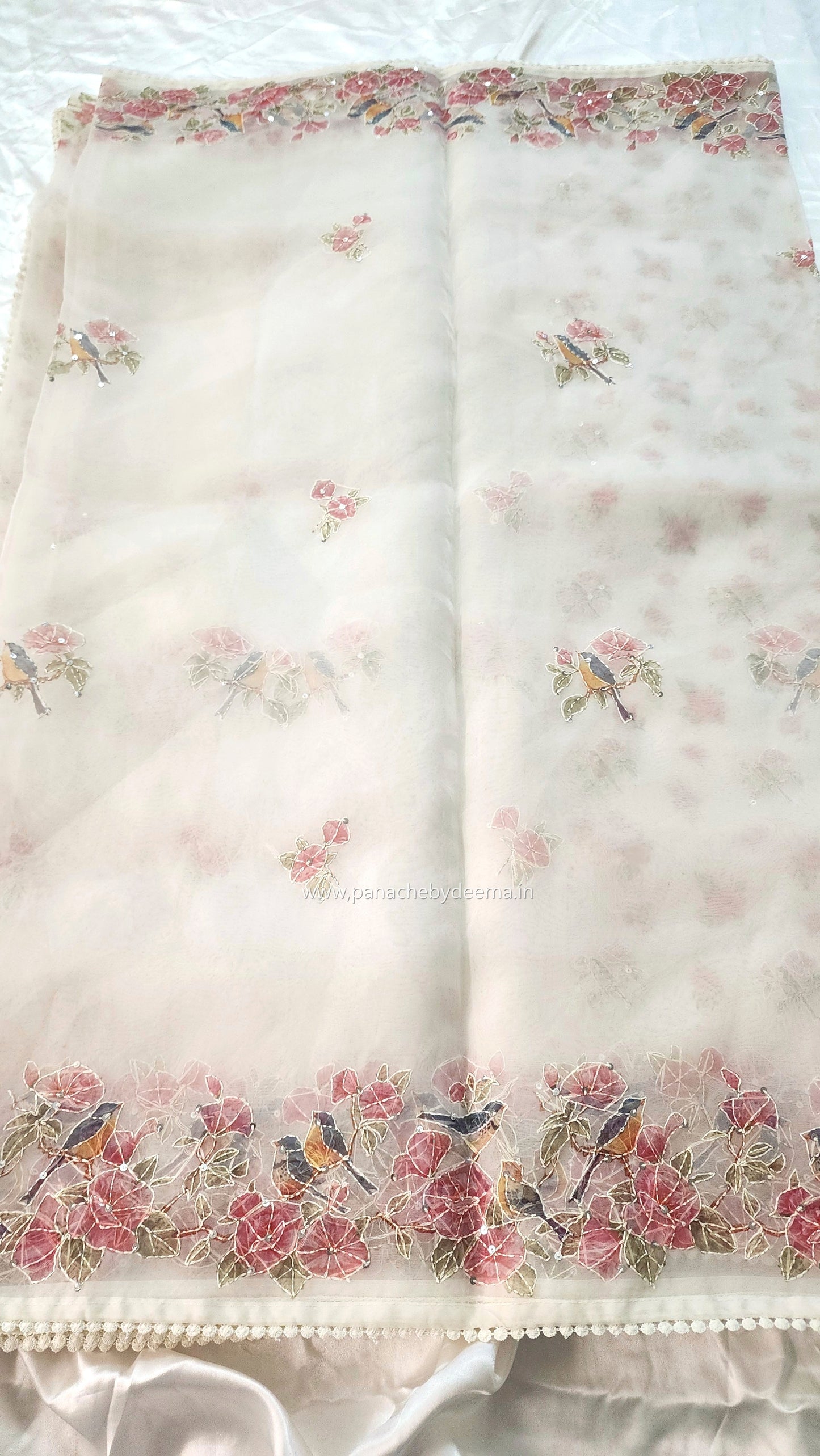 Organza saree with digital print kantha embroidery and lace edges | Offwhite| ODG1