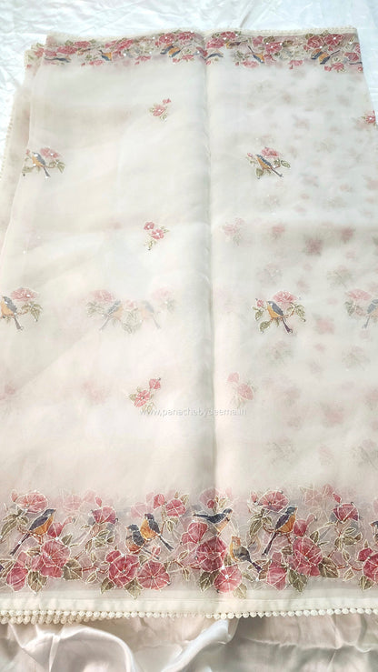 Organza saree with digital print kantha embroidery and lace edges | Offwhite| ODG1