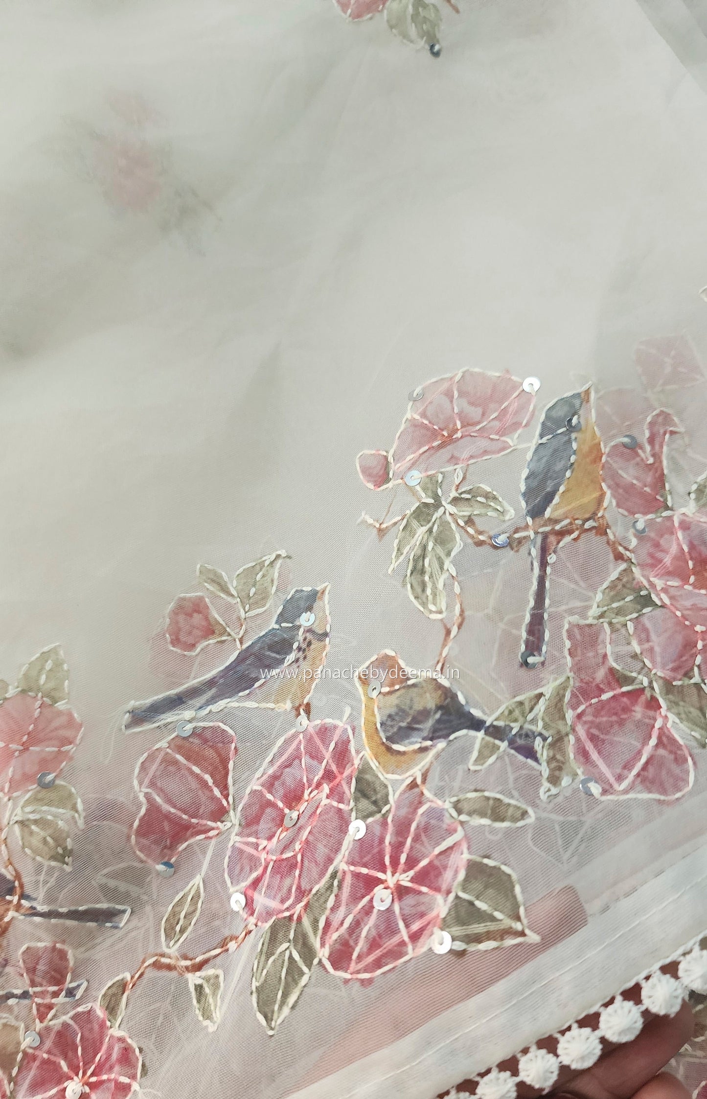 Organza saree with digital print kantha embroidery and lace edges | Offwhite| ODG1