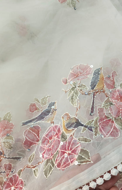 Organza saree with digital print kantha embroidery and lace edges | Offwhite| ODG1