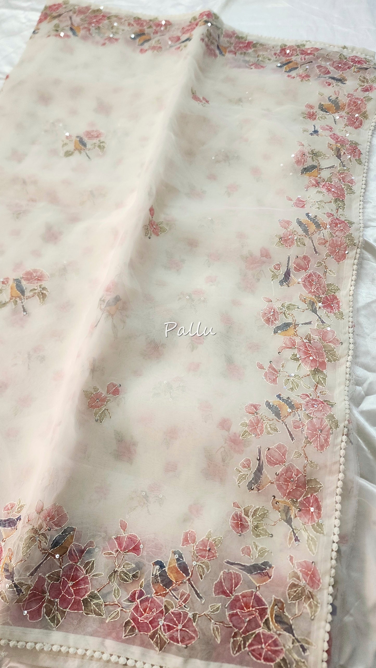 Organza saree with digital print kantha embroidery and lace edges | Offwhite| ODG1