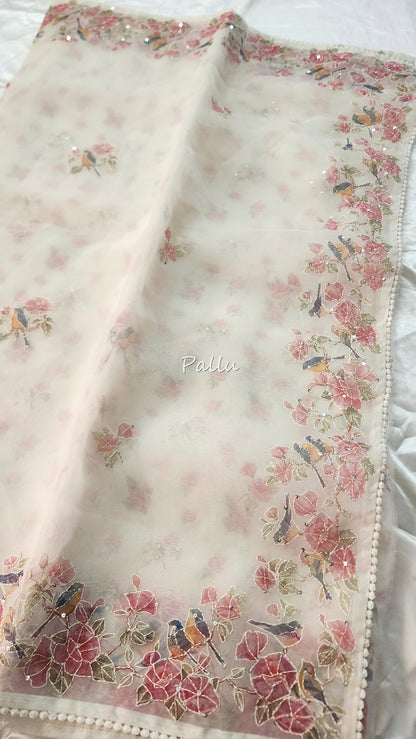 Organza saree with digital print kantha embroidery and lace edges | Offwhite| ODG1