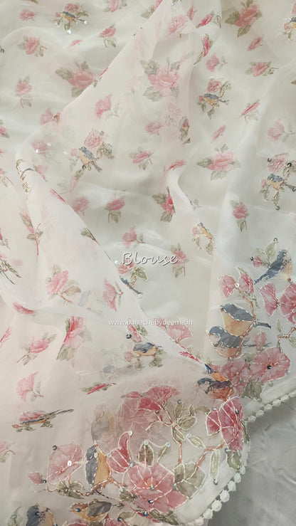 Organza saree with digital print kantha embroidery and lace edges | Offwhite| ODG1