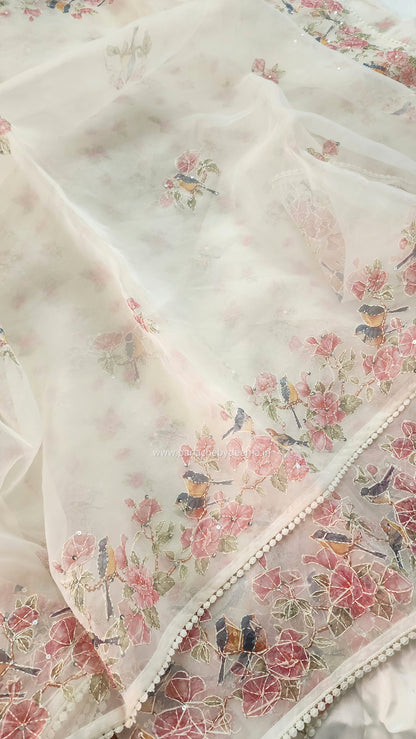 Organza saree with digital print kantha embroidery and lace edges | Offwhite| ODG1