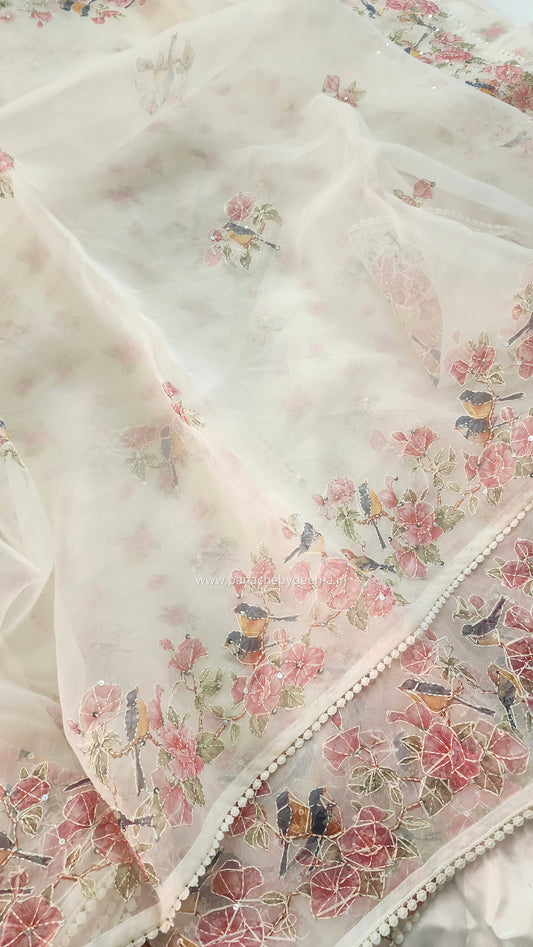 Organza saree with digital print kantha embroidery and lace edges | Offwhite| ODG1