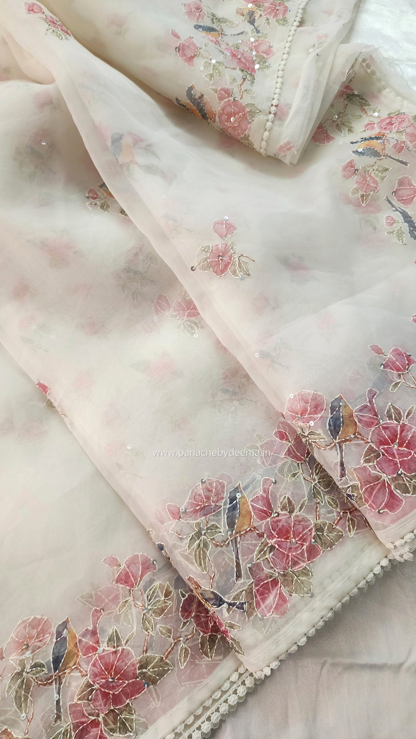 Organza saree with digital print kantha embroidery and lace edges | Offwhite| ODG1