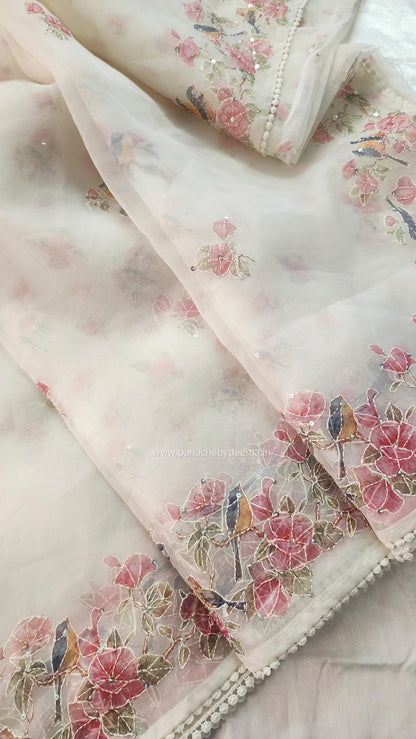 Organza saree with digital print kantha embroidery and lace edges | Offwhite| ODG1