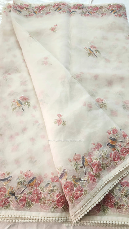 Organza saree with digital print kantha embroidery and lace edges | Offwhite| ODG1