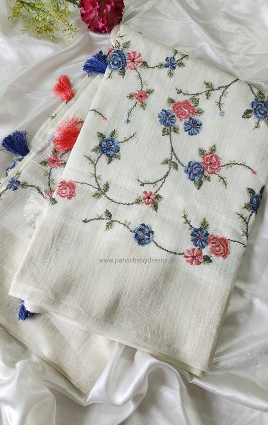 Semi Jute silk saree with cross- stitch embroidery |Off-white| TU1