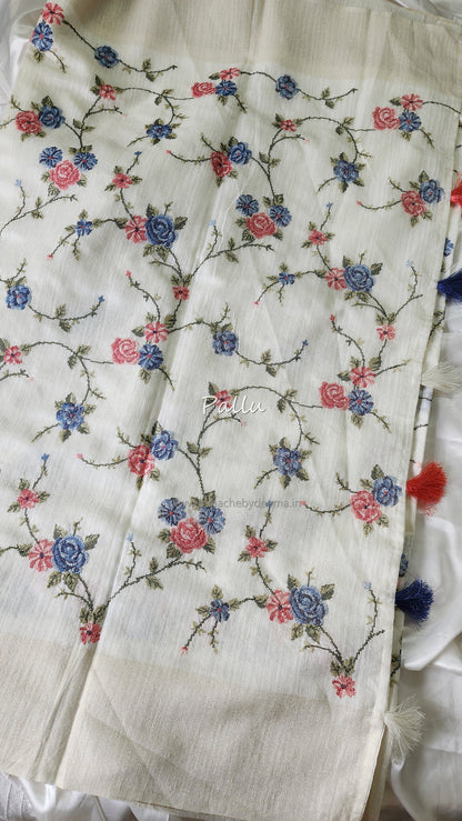 Semi Jute silk saree with cross- stitch embroidery |Off-white| TU1